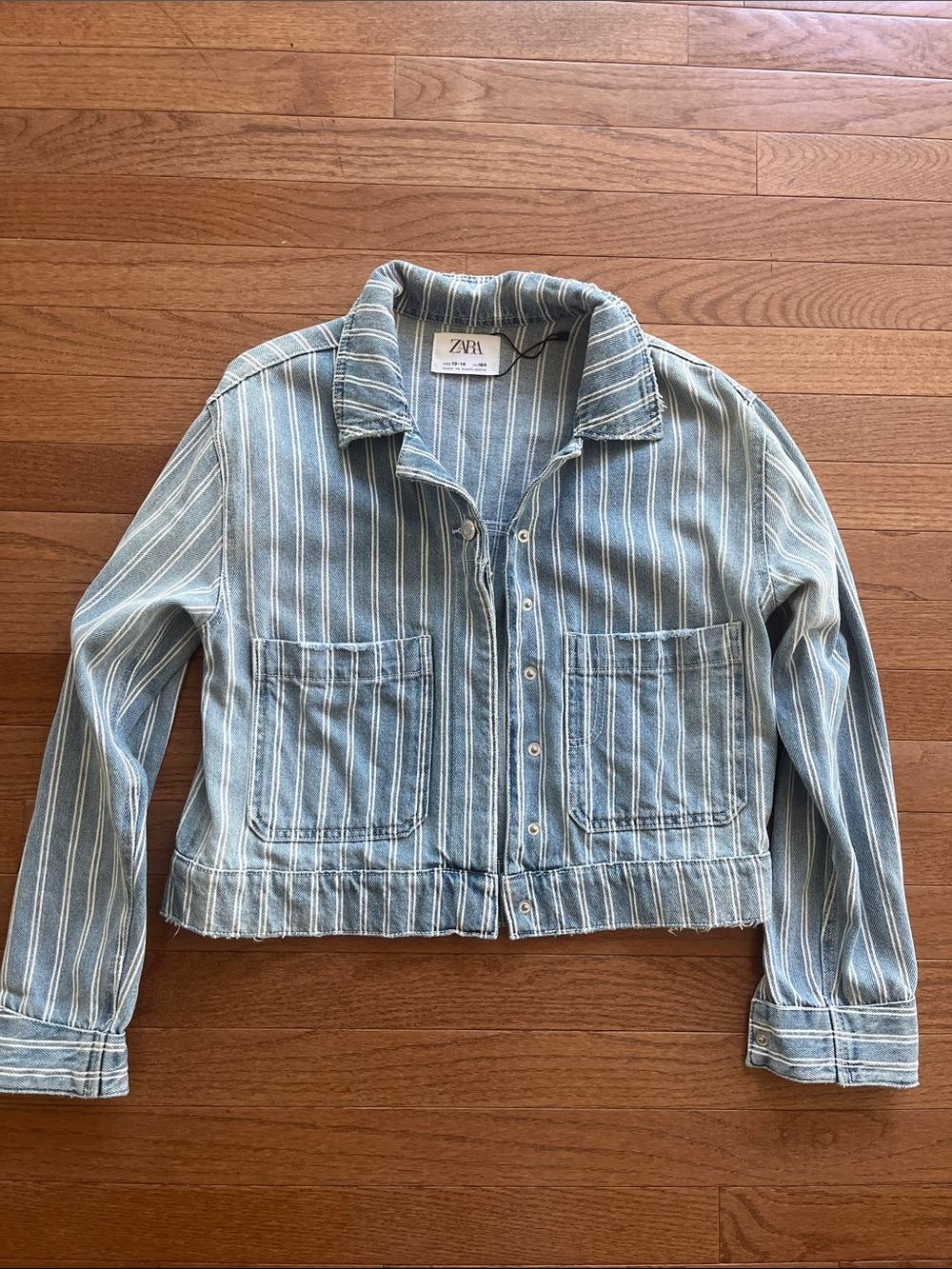 Zara Light Blue Striped Cropped Denim Jacket